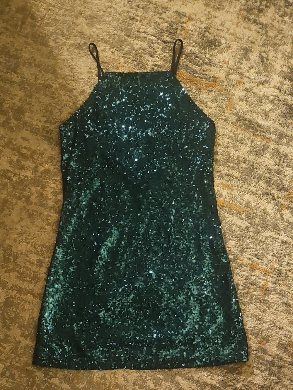 Lulus Casmar Sequined Emerald Green Mini Dress Sleek Strappy Size Small - Picture 7 of 10
